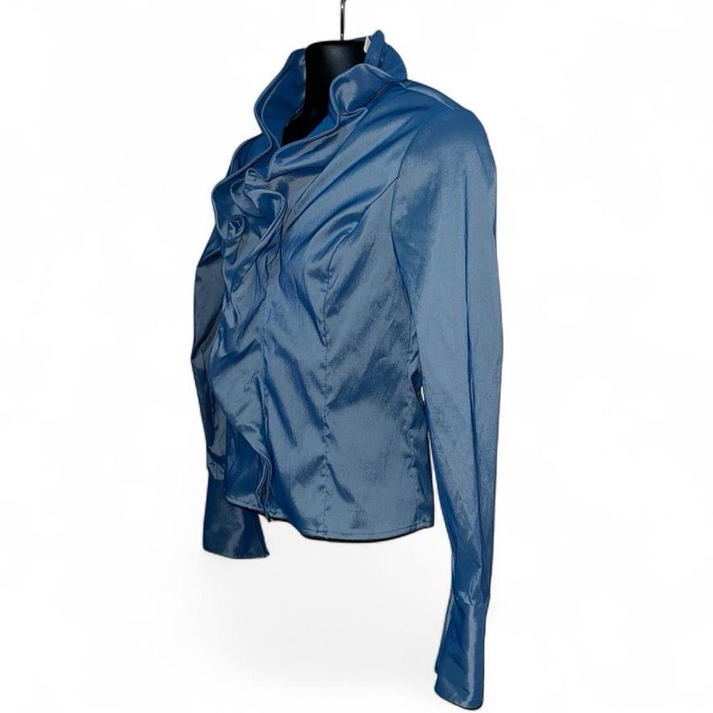 Samuel Dong Slate Blue Ruffled Zip-Front Jacket - Slim-Fit Long-Sleeve Shacket, - Picture 4 of 8